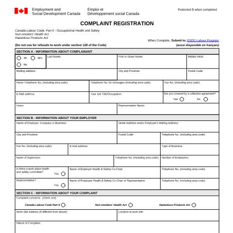 Document preview: Complaint Registration - Occupational Health and Safety — Labour, Canada (CERFA n°LAB1060)