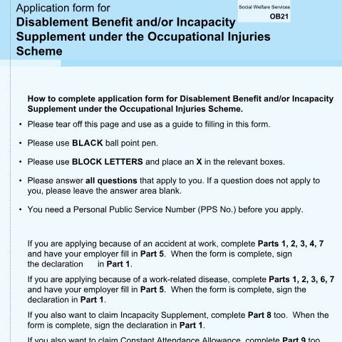 Document preview: Operational Guidelines: Occupational Injuries Benefit - Incapacity Supplement — application form disablement benefit andor incapacity supplement under the occupationa — Department of Social Protection, Ireland