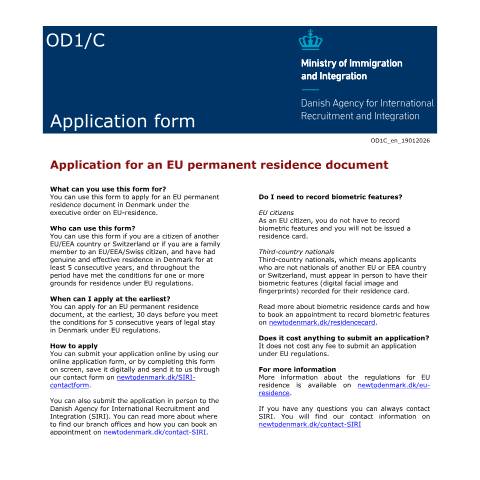 Document preview: OD1C — Application for an EU permanent residence document — SIRI / Application forms - SIRI, Danmark (CERFA n°OD1C)