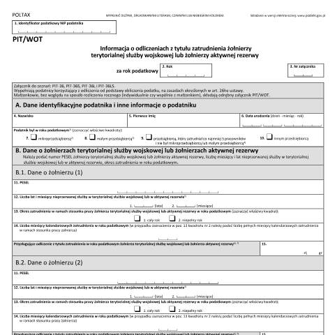 Document preview: Informacja o odliczeniach z tytułu zatrudnienia żołnierzy terytorialnej służby wojskowej lub żołnierzy aktywnej rezerwy — PIT, Polska (CERFA n°PIT/WOT)