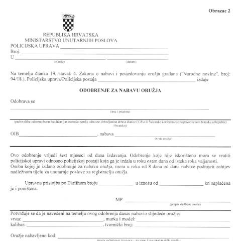 Document preview: Obrazac 2 - Odobrenje za nabavu oružja - NOVI — MUP (interieur), Hrvatska (CERFA n°Obrazac 2)