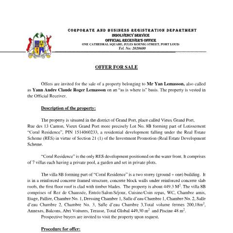 Document preview: Offer for sale – Yan Lemasson — Document, Mauritius (CERFA n°Offer-for-sale-Yan-Lemasson)