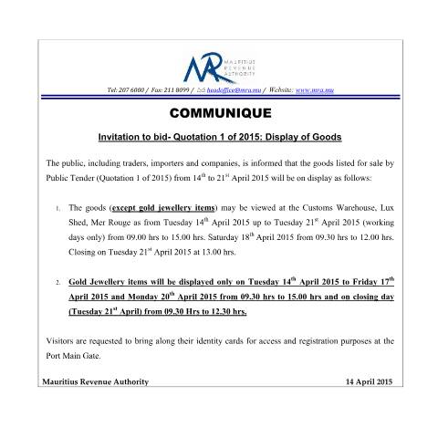 Document preview: Invitation to Bid - Quotation No.&nbsp;1 of 2015 : Display of Goods (14.04.15) — Document, Mauritius (CERFA n°Bid140415)