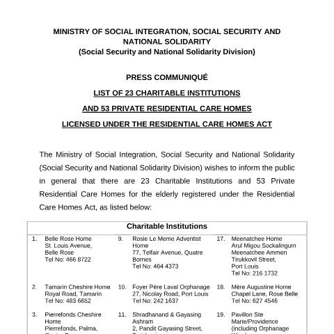 Document preview: LIST OF 23 CHARITABLE INSTITUTIONS AND 53 PRIVATE RESIDENTIAL CARE HOMES — Reference, Mauritius (CERFA n°LIST-OF-23-CHARITABLE-INSTITUTIONS-AND-53-PRIVATE-RESIDENTIAL-CARE-HOMES)