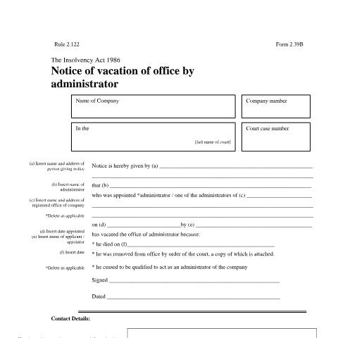 Document preview: Give notice of vacation of office by administrator (2.39B) — Companies House, United Kingdom