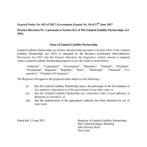 Document preview: GENERAL NOTICE NO. 853 OF 2017, GOVERNMENT GAZETTE NO. 58 OF 17TH JUNE 2017 — Document, Mauritius (CERFA n°GENERAL-NOTICE-NO.-853-OF-2017-GOVERNMENT-GAZETTE-NO.-58-OF-17TH-JUNE-2017)