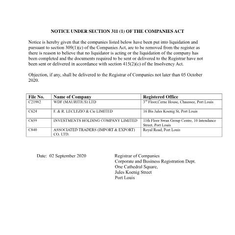 Document preview: NOTICE UNDER SECTION 311 (1) CA — Document, Mauritius (CERFA n°NOTICE-UNDER-SECTION-311-1-CA)