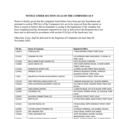 Document preview: NOTICE UNDER SECTION 311. G GAZ 05 oct — Document, Mauritius (CERFA n°NOTICE-UNDER-SECTION-311.-G-GAZ-05-oct)