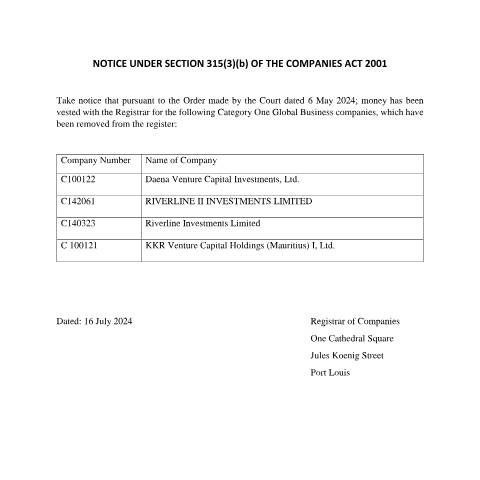 Document preview: Daena Venture and OrsPublication Special Deposit NOTICE UNDER SECTION 315 — Document, Mauritius (CERFA n°Daena-Venture-and-OrsPublication-Special-Deposit-NOTICE-UNDER-SECTION-315)