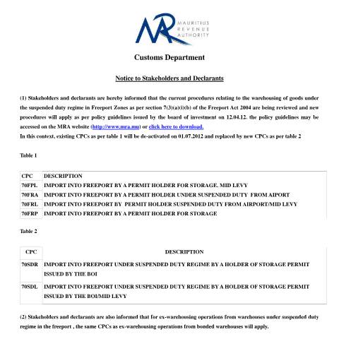 Document preview: Notice to Stakeholders and Declarants (05.06.12) — Document, Mauritius (CERFA n°NoticeDeclarantsandStakeholders)