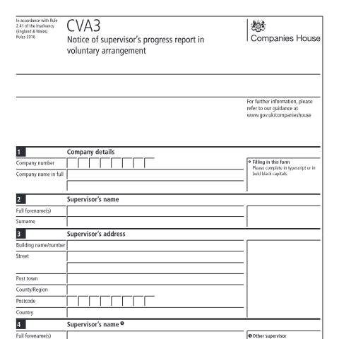 Document preview: Give notice of supervisor's progress report in voluntary arrangement (CVA3) — Companies House, United Kingdom