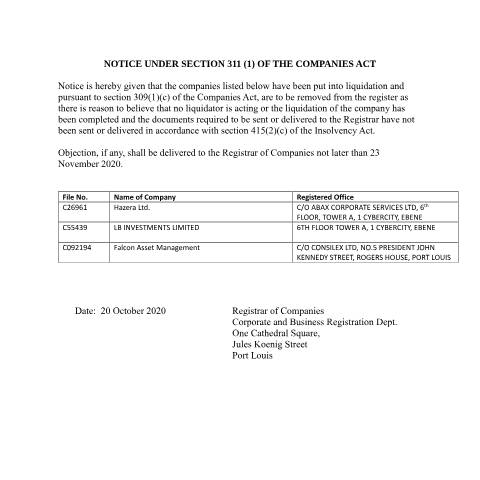 Document preview: NOTICE UNDER SECTION 311. G GAZ 20 oct — Document, Mauritius (CERFA n°NOTICE-UNDER-SECTION-311.-G-GAZ-20-oct)