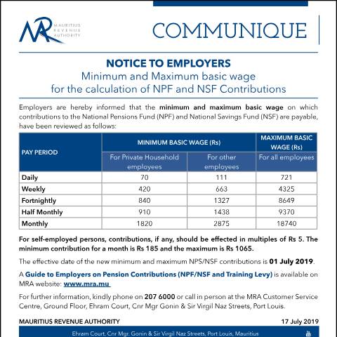 Document preview: Notice to Employers : Minimum and Maximum basic wage for the calculation of NPF and NSF Contributions (17.07.19) — Document, Mauritius (CERFA n°MinMaxNPFNSF170719)