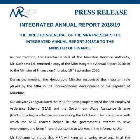 Document preview: The Director-General of the MRA presents the Integrated Annual Report 2018 / 19 to the Minister of Finance (17.09.20) — Reference, Mauritius (CERFA n°PressRelease170920)