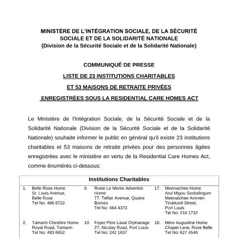 Document preview: LISTE DE 23 INSTITUTIONS CHARITABLES ET 53 MAISONS DE RETRAITE PRIVÉES — Reference, Mauritius (CERFA n°LISTE-DE-23-INSTITUTIONS-CHARITABLES-ET-53-MAISONS-DE-RETRAITE-PRIVEES)