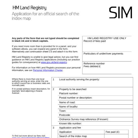Document preview: Index map: application for an official search (SIM) — HM Land Registry, United Kingdom