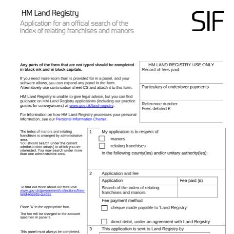 Document preview: Franchises and manors: apply for an official search of the index (SIF) — HM Land Registry, United Kingdom