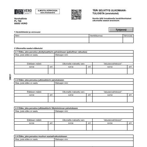 Document preview: 16A Selvitys ulkomaantuloista, ansiotulot (3063) — 16A Selvitys ulkomaantuloista, ansiotulot (3063), Suomi (CERFA n°Vero 3063)