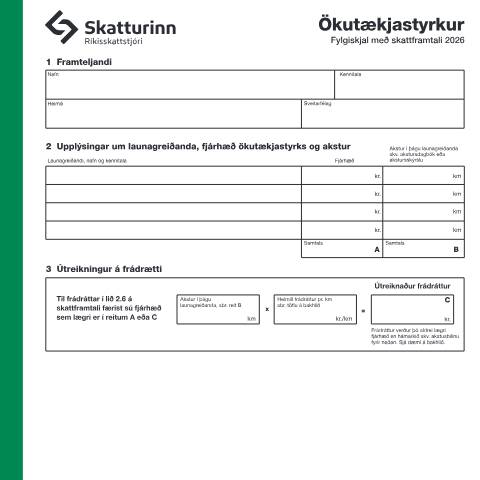 Document preview: Ökutækjastyrkur, fylgiskjal með skattframtali 2026. — Einstaklingar, Ísland (CERFA n°RSK 3.04)