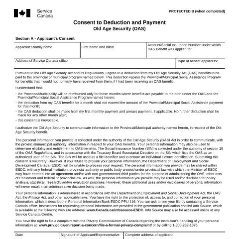Document preview: Consent to deduction and payment - Old Age Security — Income Security Programs, Canada (CERFA n°ISP3010)