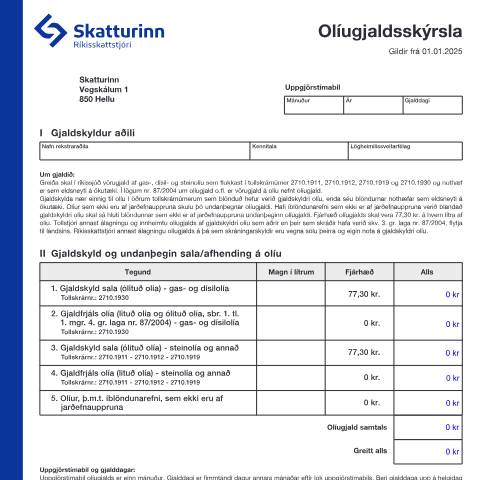 Document preview: Olíugjaldsskýrsla Gildir frá 01.01.2025. — Einstaklingar, Ísland (CERFA n°RSK 18.02)