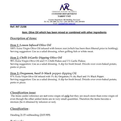 Document preview: Classification of Olive Oil — Document, Mauritius (CERFA n°OliveOil)