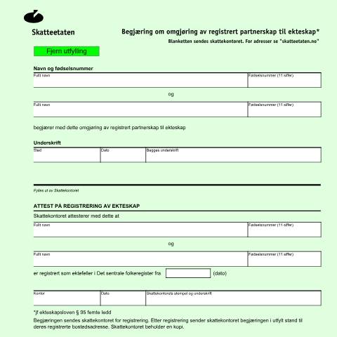 Document preview: Omgjøring av registrert partnerskap til ekteskap — Skatteetaten / Forms, Norge (CERFA n°RF-1441)