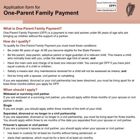 Document preview: Operational Guidelines: One-Parent Family Payment — application form one parent family payment ofp1 — Department of Social Protection, Ireland (CERFA n°OFP1)