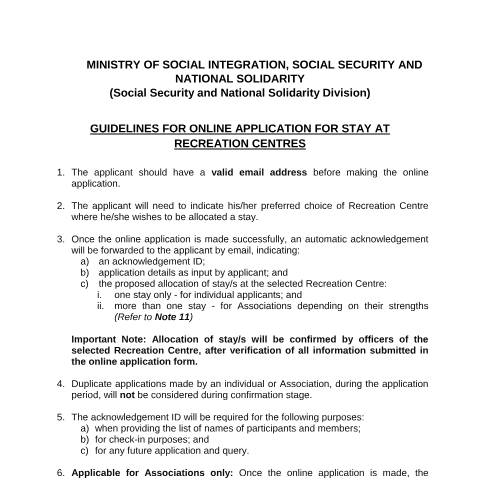 Document preview: GUIDELINES FOR ONLINE APPLICATION FOR STAY AT RECREATION CENTRES – 22.08.25 — Form, Mauritius (CERFA n°GUIDELINES-FOR-ONLINE-APPLICATION-FOR-STAY-AT-RECREATION-CENTRES-22.08.25)
