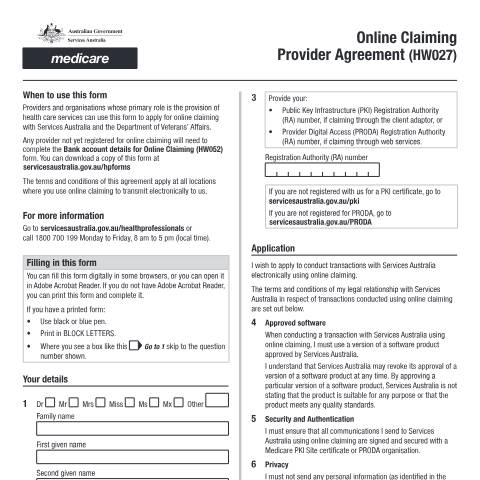 Document preview: Online claiming provider agreement form (HW027) — Services Australia — Health professionals, Australia (CERFA n°HW027)
