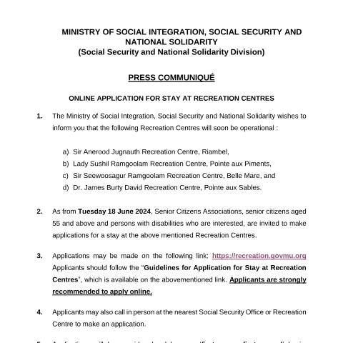 Document preview: Press Communique -ONLINE APPLICATION FOR STAY AT RECREATION CENTRES — Form, Mauritius (CERFA n°Press-Communique-ONLINE-APPLICATION-FOR-STAY-AT-RECREATION-CENTRES)
