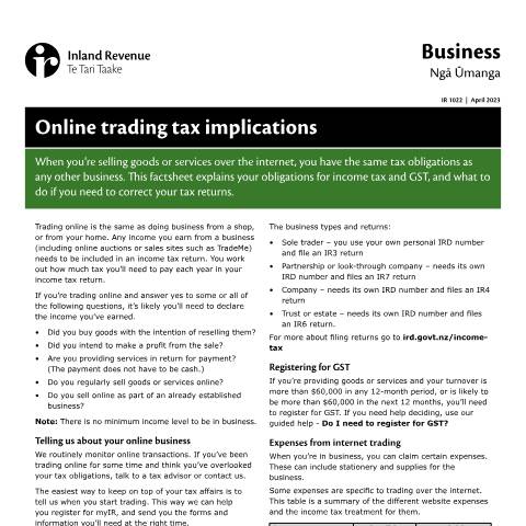 Document preview: Online trading tax implications — GST (goods and services tax), New Zealand (CERFA n°IR1022)