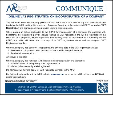 Document preview: Online VAT Registration on incorporation of a company (30.04.21) — Document, Mauritius (CERFA n°VATRegistration300421)