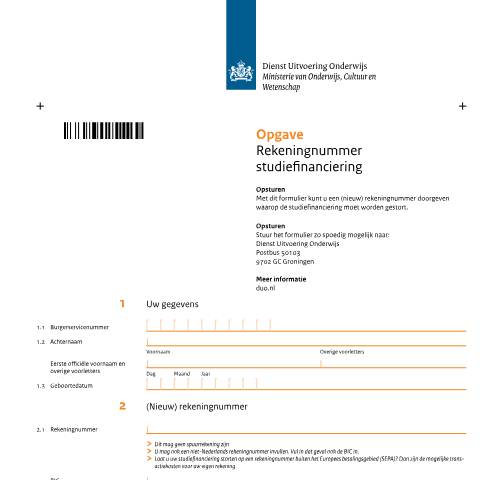 Documentvoorvertoning: Opgave rekeningnummer studiefinanciering — DUO — Studentenreisproduct minderjarigen, Nederland