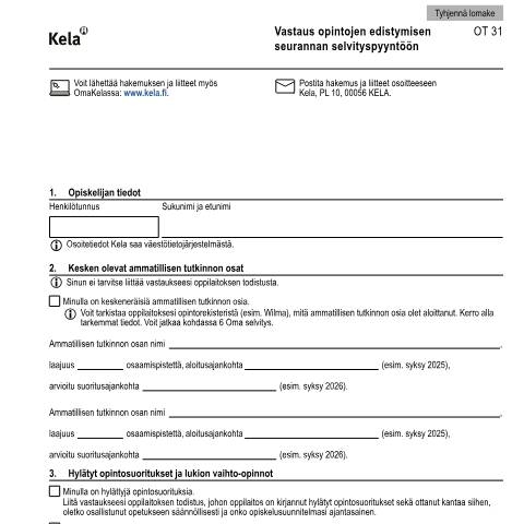 Document preview: Vastaus opintojen edistymisen seurannan selvityspyyntöön — Opiskelijat, Suomi (CERFA n°Kela OT 31)