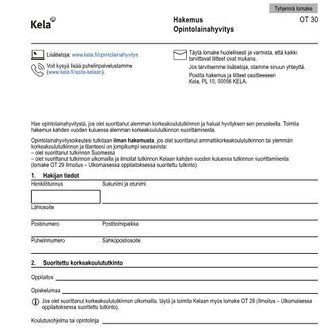 Document preview: Hakemus - Opintolainahyvitys — Opiskelijat, Suomi (CERFA n°Kela OT 30)