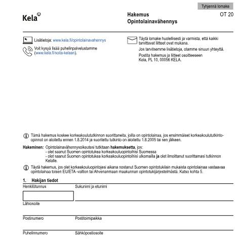 Document preview: Hakemus - Opintolainavähennys — Opiskelijat, Suomi (CERFA n°Kela OT 20)