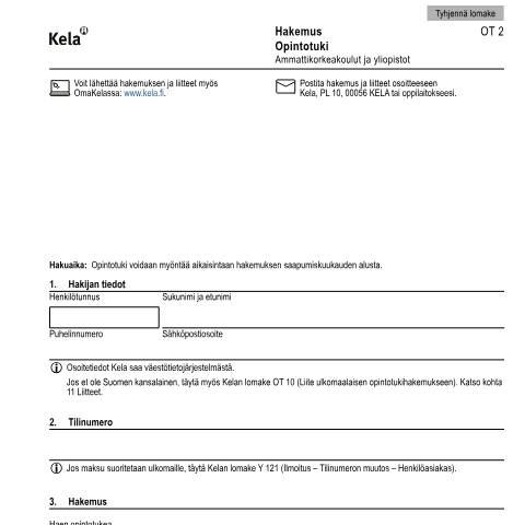 Document preview: Hakemus - Opintotuki - Ammattikorkeakoulut ja yliopistot — Opiskelijat, Suomi (CERFA n°Kela OT 2)