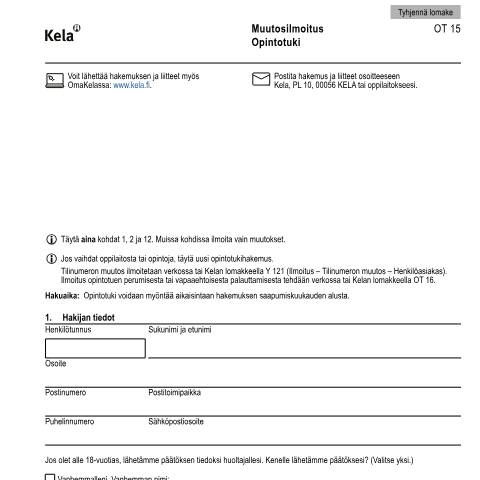 Document preview: Muutosilmoitus - Opintotuki — Opiskelijat, Suomi (CERFA n°Kela OT 15)