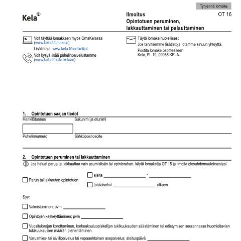 Document preview: Ilmoitus - Opintotuen peruminen, lakkauttaminen tai palauttaminen — Opiskelijat, Suomi (CERFA n°Kela OT 16)