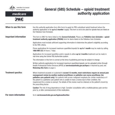 Document preview: General (S85) Schedule - opioid treatment authority application form (PB294) — Services Australia — Health professionals, Australia (CERFA n°PB294)