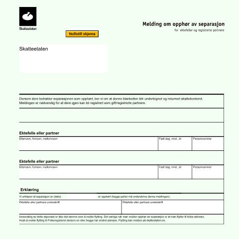 Document preview: Request/notification of cessation of separation — Skatteetaten / If you consider your separation to be terminated, you must notify the Tax Admini, Norge (CERFA n°RF-1440)