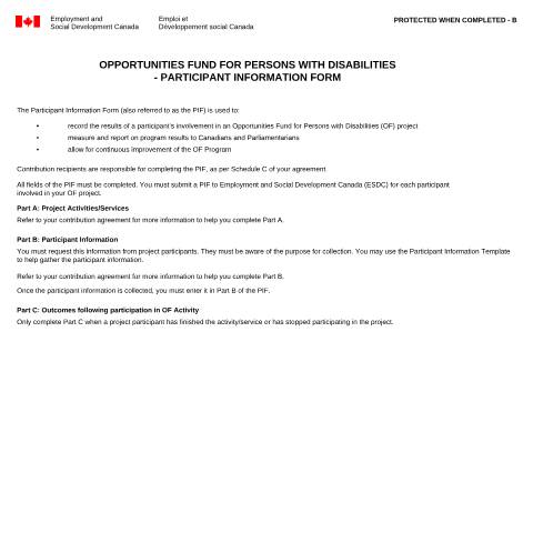 Document preview: Opportunities Fund for Persons with Disabilities – Participant Information Form — Employment and Social Development Canada, Canada (CERFA n°EMP5716)