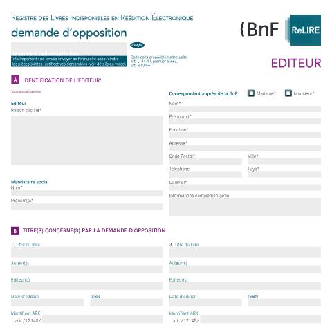 Aperçu du document Inscription au registre des livres indisponibles : demande d'opposition de l'éditeur — Professionnels, France (CERFA n°14915*01)