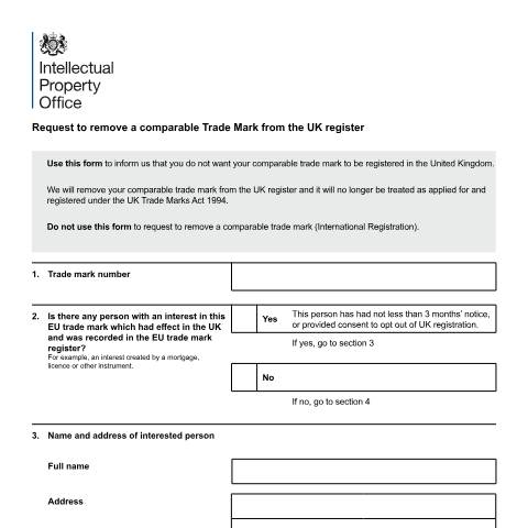 Document preview: Opt out of holding a comparable trade mark — Intellectual Property Office, United Kingdom