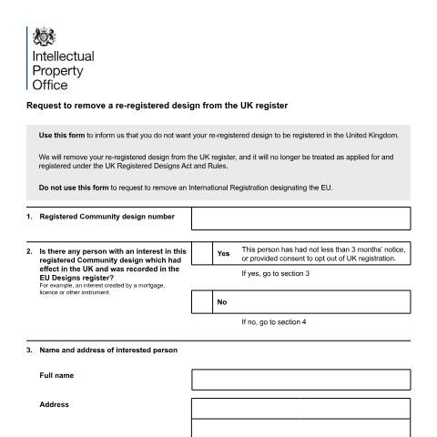 Document preview: Opt out of holding a re-registered design — Intellectual Property Office, United Kingdom