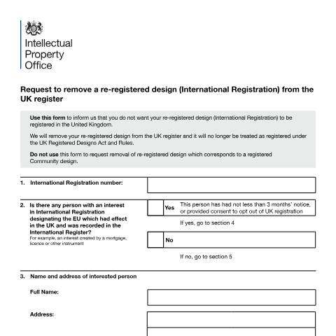 Document preview: Opt out of holding a re-registered design (former International registration) — Intellectual Property Office, United Kingdom