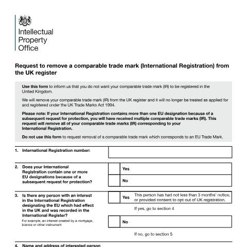 Document preview: Opt out of holding a comparable trade mark (former International registration) — Intellectual Property Office, United Kingdom