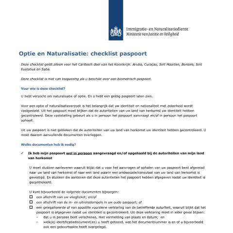 Documentvoorvertoning: Optie en Naturalisatie: checklist paspoort — IND — immigratie, Nederland (CERFA n°4004)