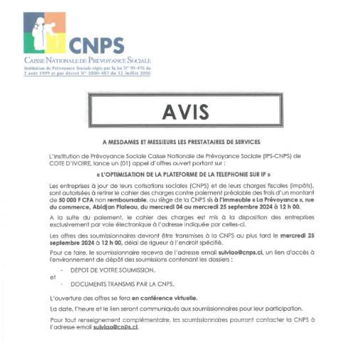 Aperçu du document APPEL D’OFFRE POUR L’OPTIMISATION DE LA PLATEFORME DE LA TELEPHONIE SUR IP — Document CNPS (prévoyance sociale), Côte d'Ivoire